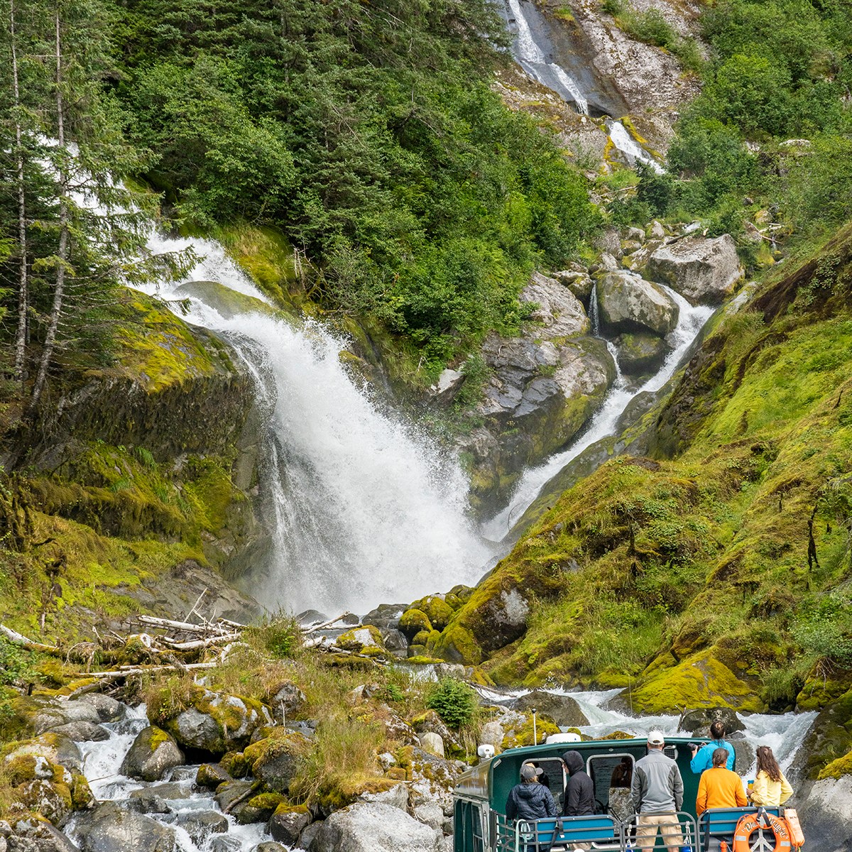 a large waterfall in a forest